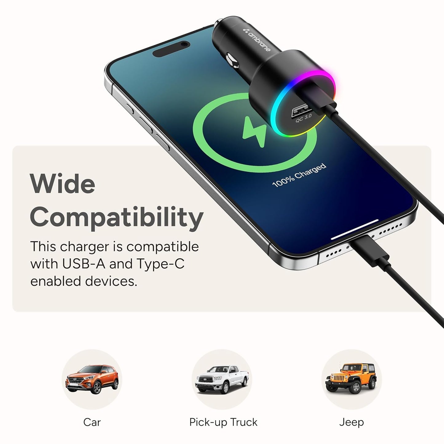 Ambrane 85W Car Charger, Mobile & Laptop Charging