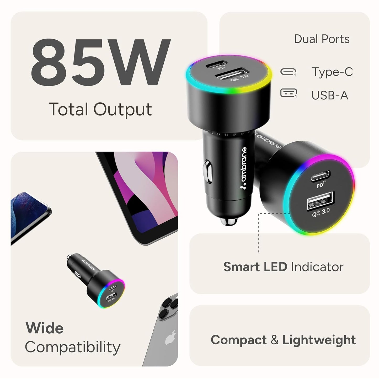Ambrane 85W Car Charger, Mobile & Laptop Charging