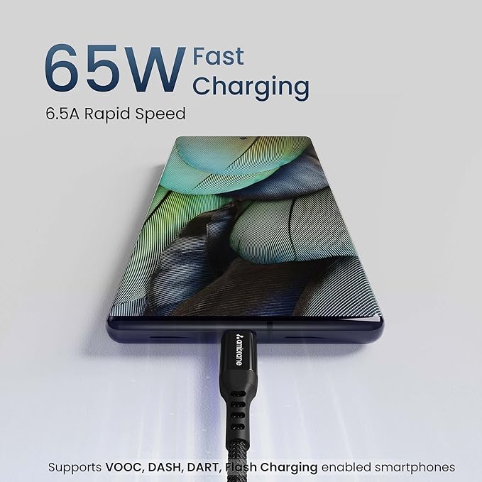 Ambrane Ultra Fast Type C Charging Cable, 65W VOOC Technology - Nazakat Telecom