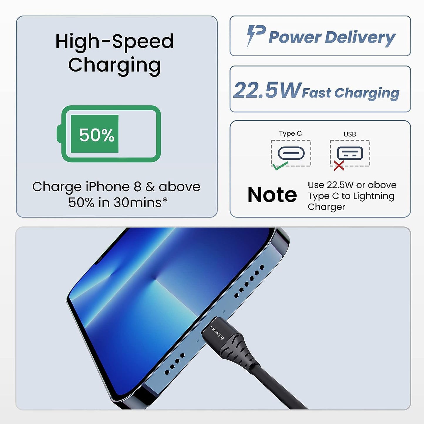 Ambrane Type-C to Lightning Cable (ABTL-125G) - Nazakat Telecom