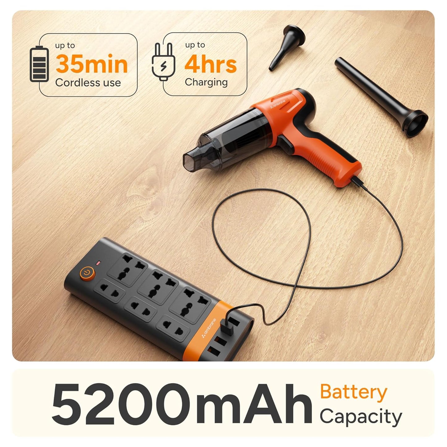 Ambrane 12kPA Powerful Suction 80W Wireless Hand Vacuum & Air Blower 2-in-1 Wireless Vacuum Cleaner, BLDC Motor HEPA Filter, Compact & Lightweight for Car, Home use, & Pet Hair (Mini Vac 02, Black)