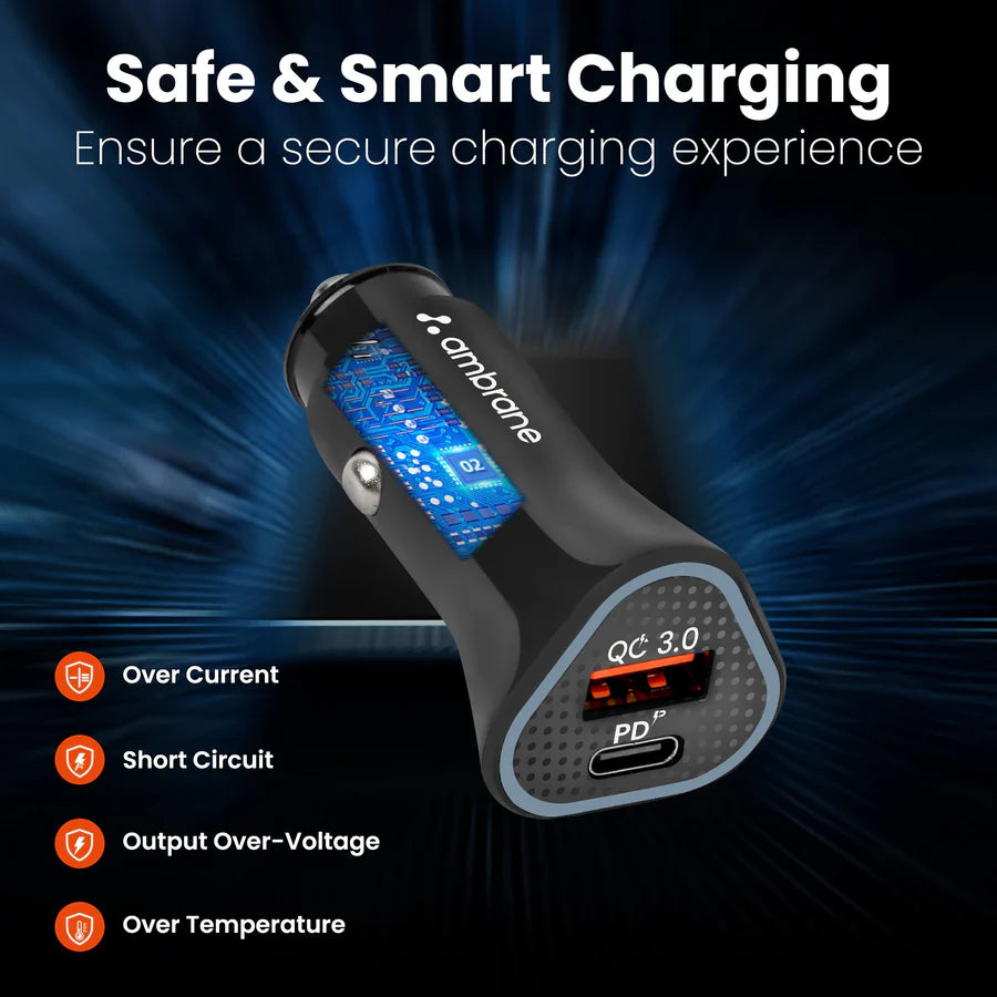 Ambrane 38W Fast Car Charger with Quick Charge 3.0