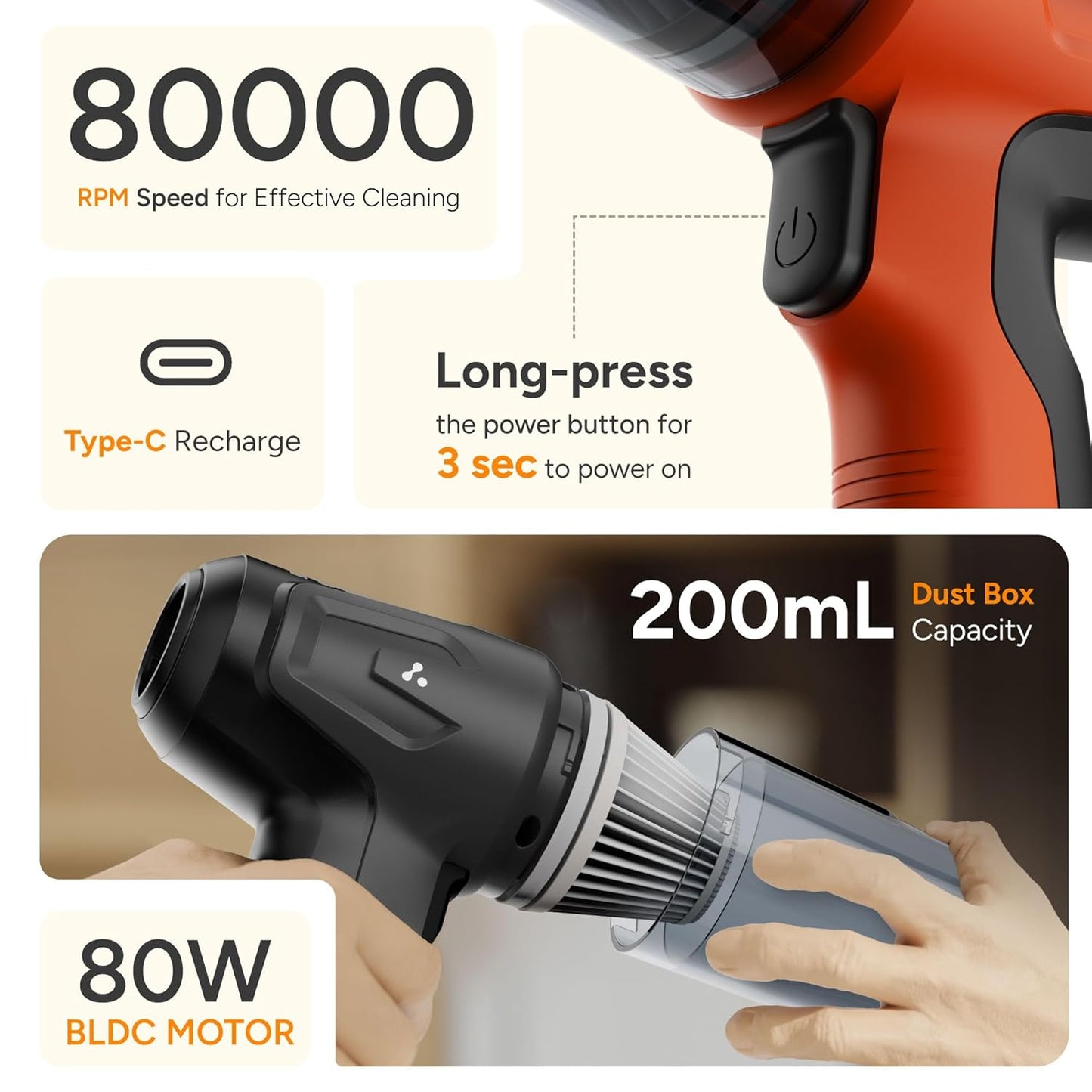 Ambrane 12kPA Powerful Suction 80W Wireless Hand Vacuum & Air Blower 2-in-1 Wireless Vacuum Cleaner, BLDC Motor HEPA Filter, Compact & Lightweight for Car, Home use, & Pet Hair (Mini Vac 02, Black)