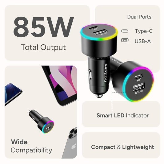 Ambrane 85W Car Charger, Mobile & Laptop Charging