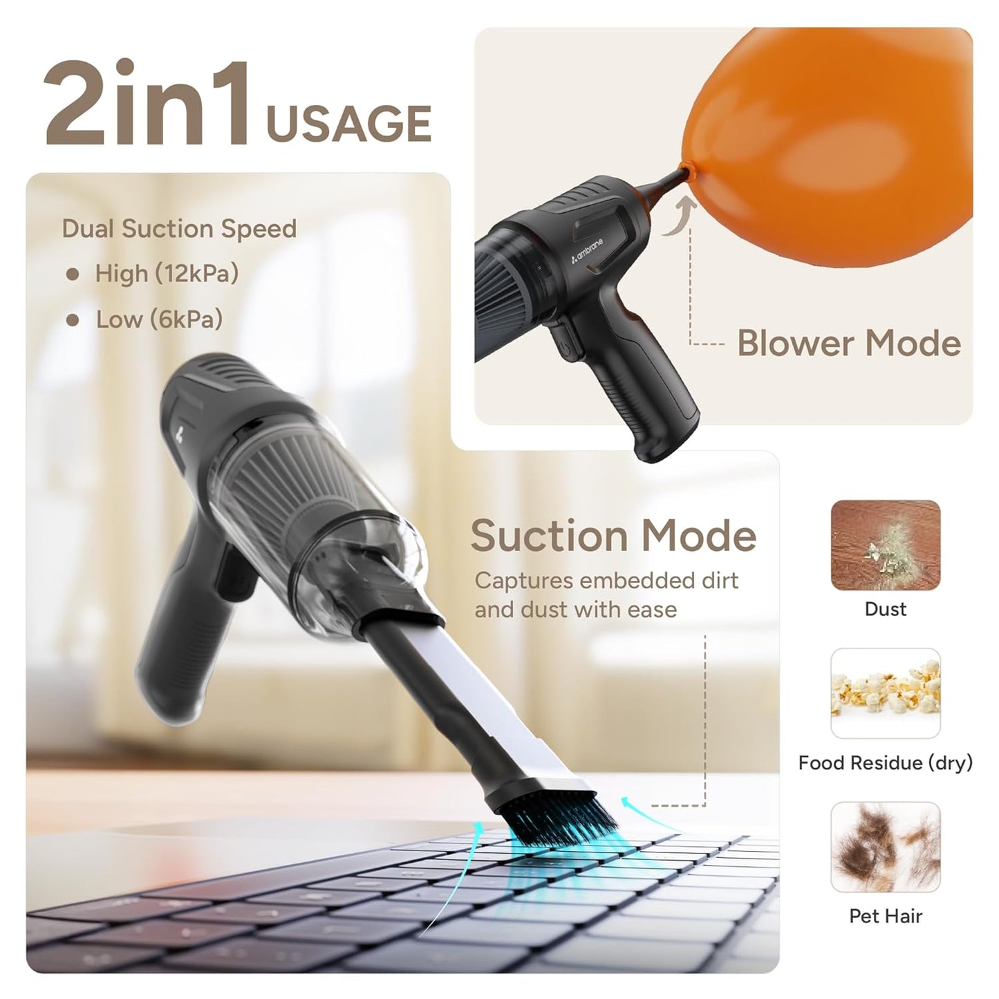 Ambrane 12kPA Powerful Suction 80W Wireless Hand Vacuum & Air Blower 2-in-1 Wireless Vacuum Cleaner, BLDC Motor HEPA Filter, Compact & Lightweight for Car, Home use, & Pet Hair (Mini Vac 02, Black)
