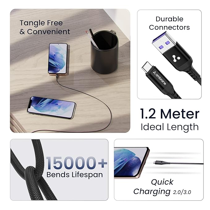 Ambrane Ultra Fast Type C Charging Cable, 65W VOOC Technology